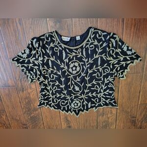 Vintage 80s Laurence Kazar silk beaded floral blouse Size 3X